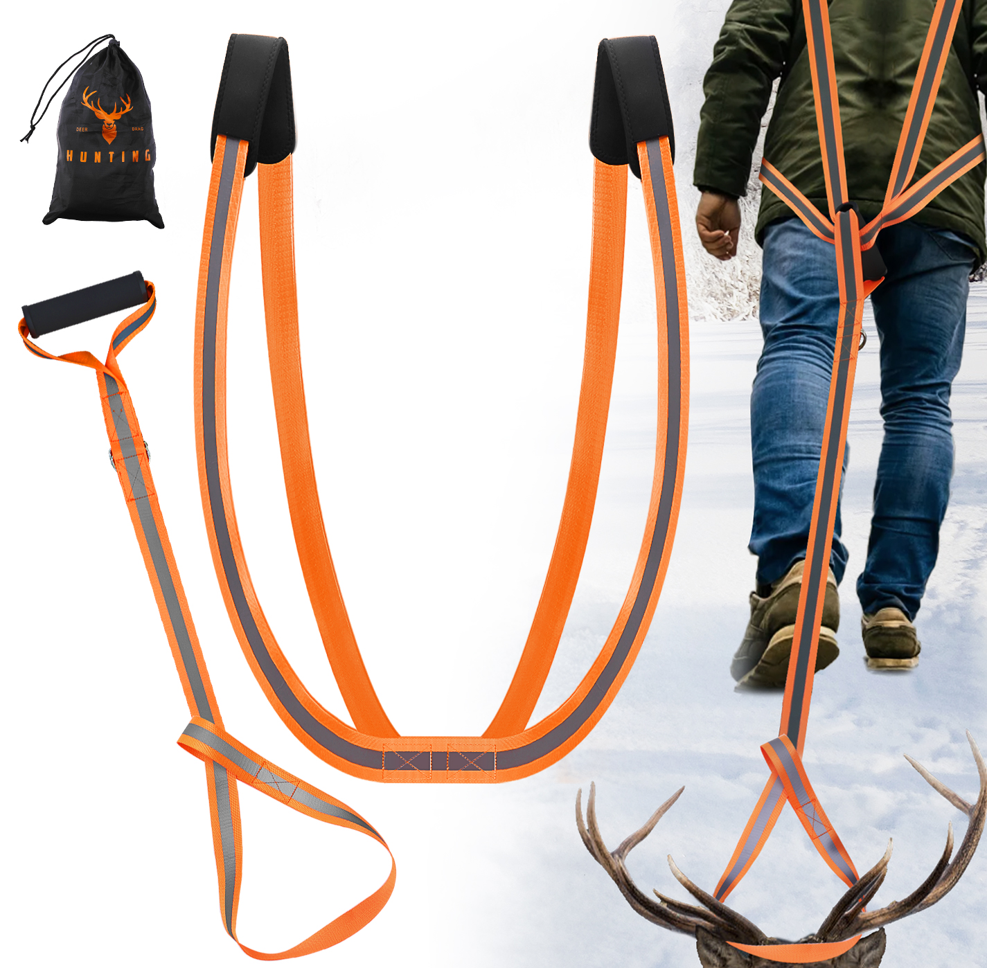 CHERAINTI Deer Drag Harness, 2 Packs Heavy Duty Orange Deer Dragging Rope with Reflective Strip, Soft Handle and Widen Shoulder, Mens Deer Hunting Accessories Gear Strap, Gift for Hunters