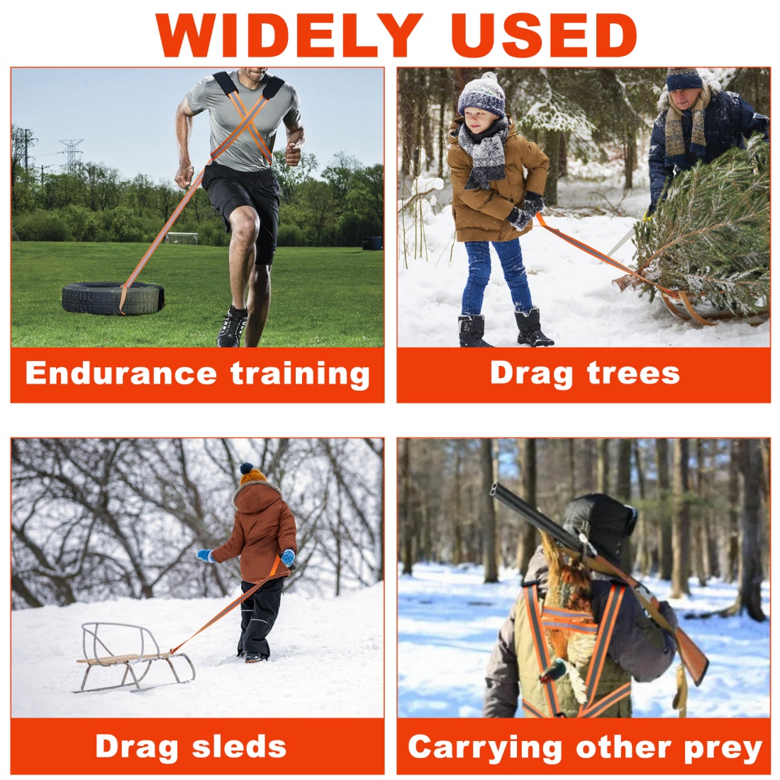 CHERAINTI Deer Drag Harness, 2 Packs Heavy Duty Orange Deer Dragging Rope with Reflective Strip, Soft Handle and Widen Shoulder, Mens Deer Hunting Accessories Gear Strap, Gift for Hunters