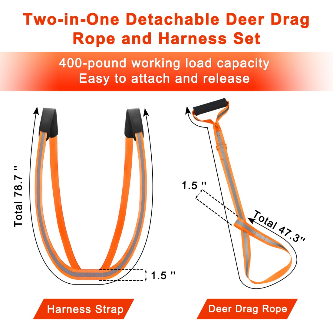 CHERAINTI Deer Drag Harness, 2 Packs Heavy Duty Orange Deer Dragging Rope with Reflective Strip, Soft Handle and Widen Shoulder, Mens Deer Hunting Accessories Gear Strap, Gift for Hunters